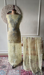 Load image into Gallery viewer, Women's Lakhnavi Handcrafted Pure Organza Chikankari Unstitched Kurta And Dupatta Set- HONC0304479