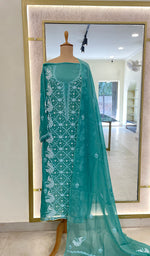 将图像加载到图库查看器中, Shirin Women's Lakhnavi Handcrafted Mul Chanderi Semi - Stitched Kurta And Dupatta Set - HONC0239058