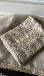 Load image into Gallery viewer, Women's Lakhnavi Handcrafted Tussar Silk Chikankari Kurta And Dupatta Set - HONC0339003