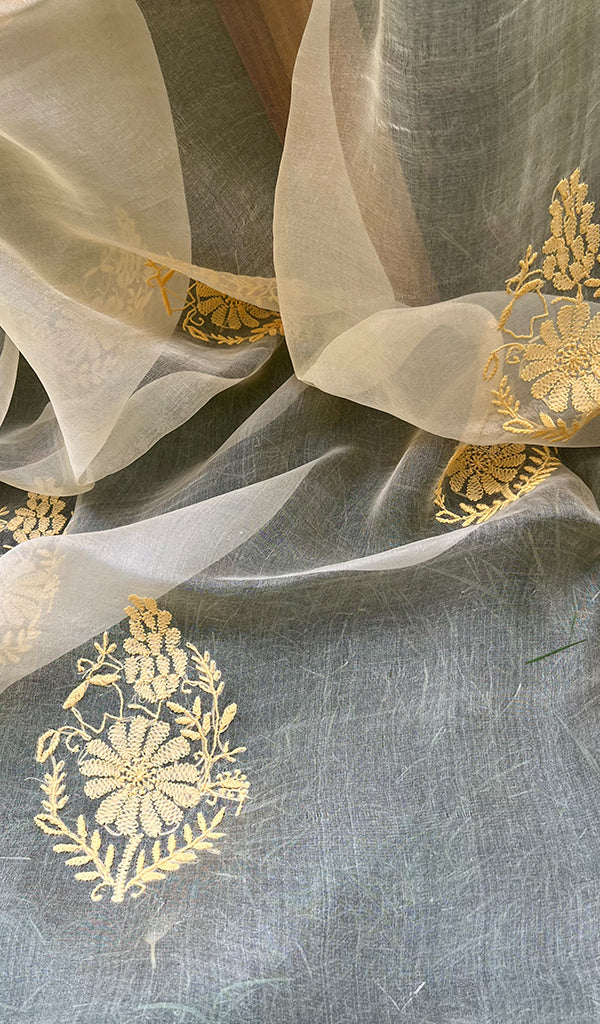 Women's Lucknowi Handcrafted Pure Organza Silk Chikankari SAREE - HONC0228639