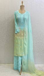 将图像加载到图库查看器中, Lucknowi 手工粘胶乔其纱 Chikankari Kurta Palazzo 带 Dupatta 套装 - HONC0113556