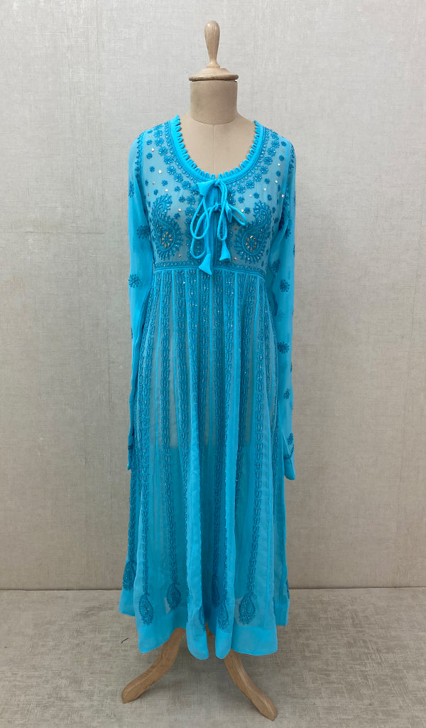 Women's Lakhnavi Handcrafted Turquoise Faux-Georgette Chikankari Anarkali Dress - NC0852