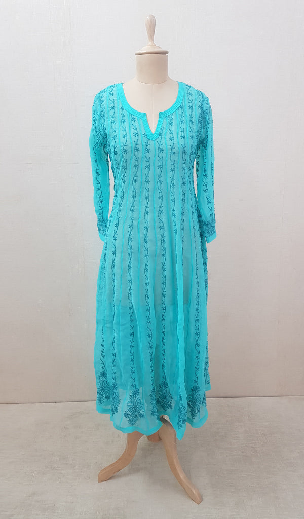 Women's Lakhnavi Handcrafted Faux-Georgette Chikankari  Anarkali Dress - HONC040036