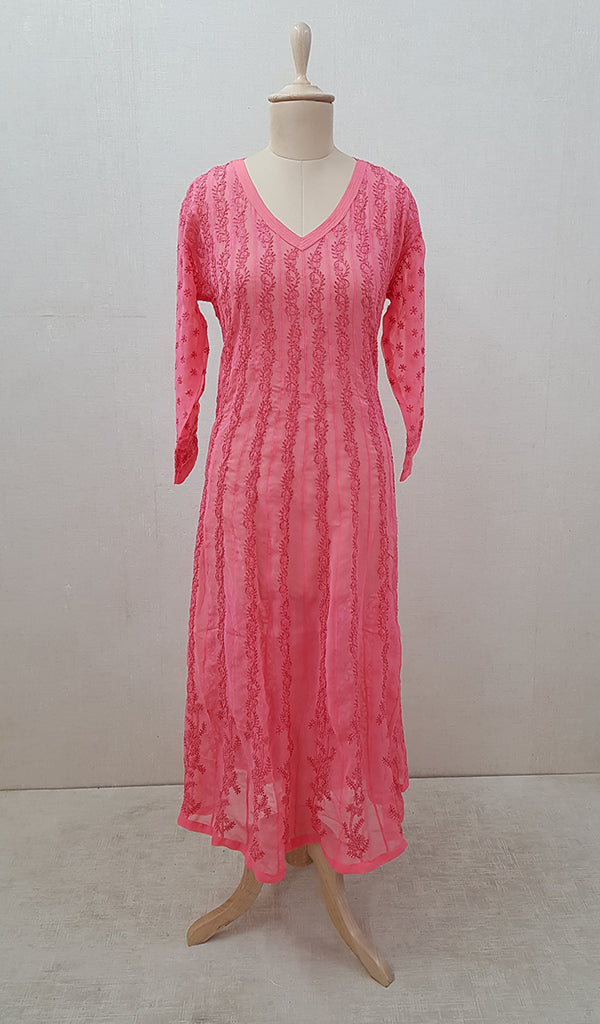 Women's Lakhnavi Handcrafted Faux-Georgette Chikankari  Anarkali Dress - HONC040036