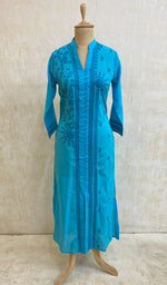 Load image into Gallery viewer, Women's Lucknowi Handcrafted Turquoise Cotton Chikankari Kurti - NC068812