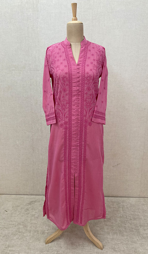 Women's Lakhnavi Handcrafted Dark Pink Cotton Chikankari Kurti - NC068819