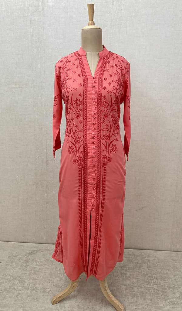 Women's Lakhnavi Handcrafted Pink Cotton Chikankari Kurti - NC068823