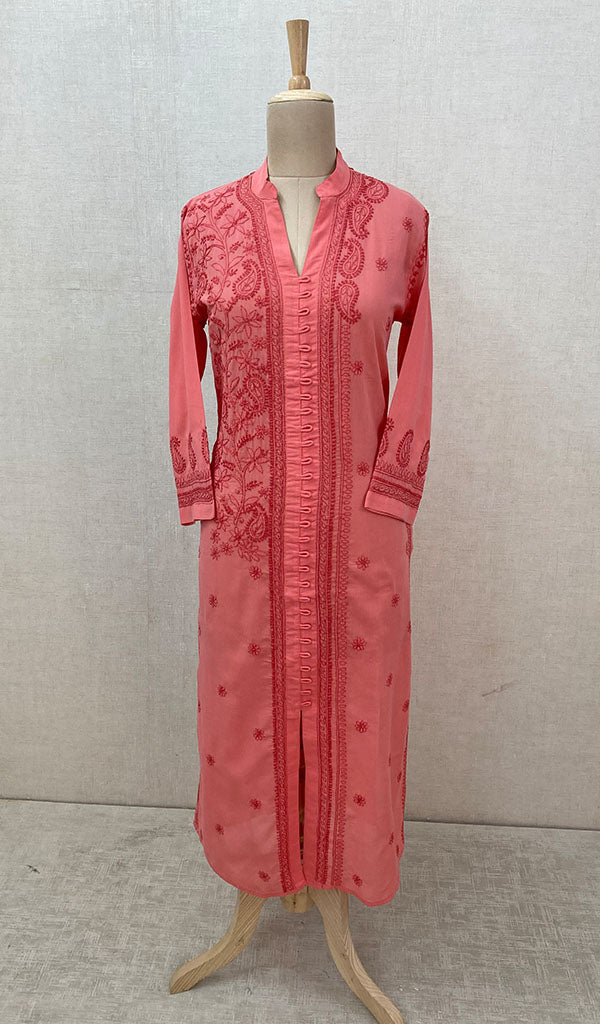 Women's Lucknowi Handcrafted Pink Cotton Chikankari Kurti - NC068824