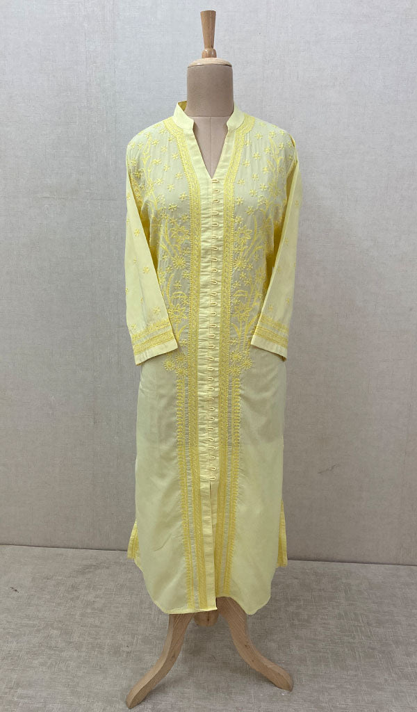 Women's Lakhnavi Handcrafted Light Yellow Cotton Chikankari Kurti - NC068829