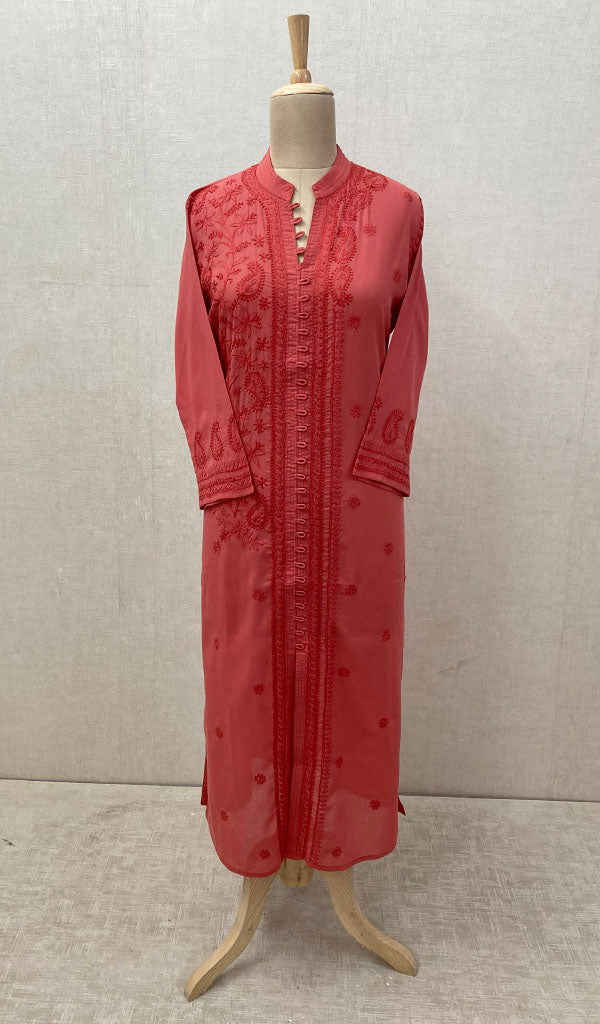 Women's Lucknowi Handcrafted Dark Pink Cotton Chikankari Kurti - NC068833