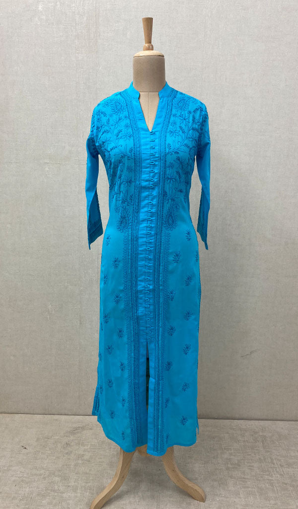 Women's Lucknowi Handcrafted Turquoise Cotton Chikankari Kurti - NC068840