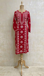 将图像加载到图库查看器中, Women's Lakhnavi Handcrafted Red Cotton Chikankari Kurti - HONC020795