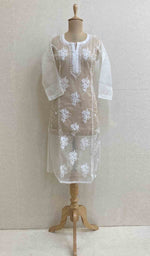 Load image into Gallery viewer, Women's Lakhnavi Handcrafted White Organza Chikankari Kurti - HONC029496