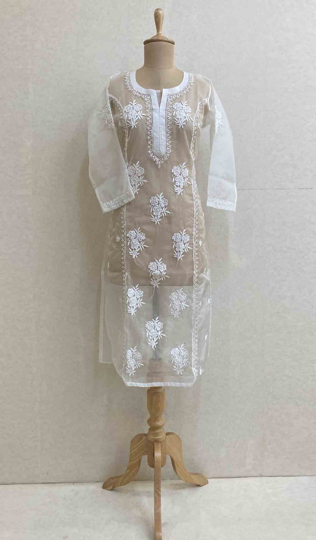 Women's Lakhnavi Handcrafted White Organza Chikankari Kurti - HONC029496