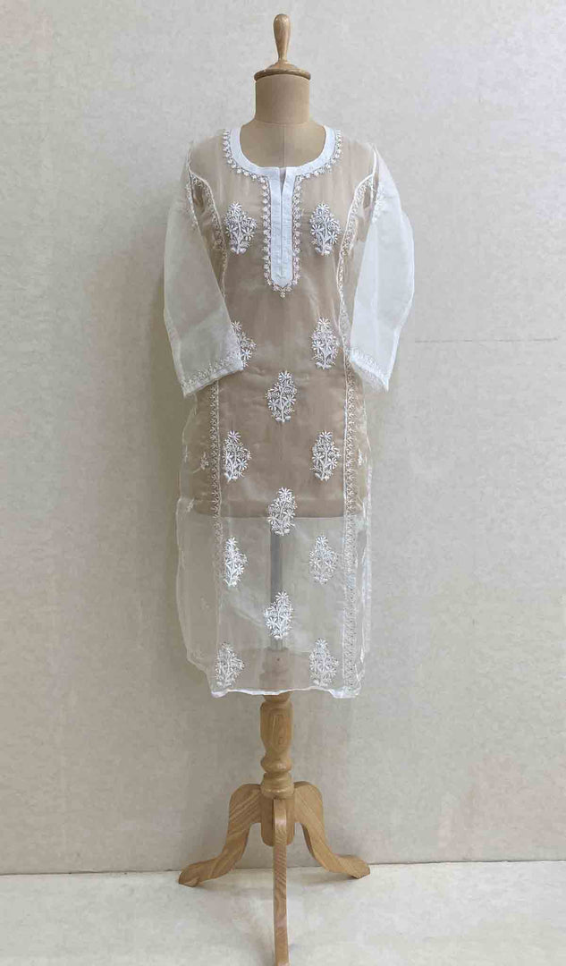 Women's Lakhnavi Handcrafted White Organza Chikankari Kurti - HONC029498