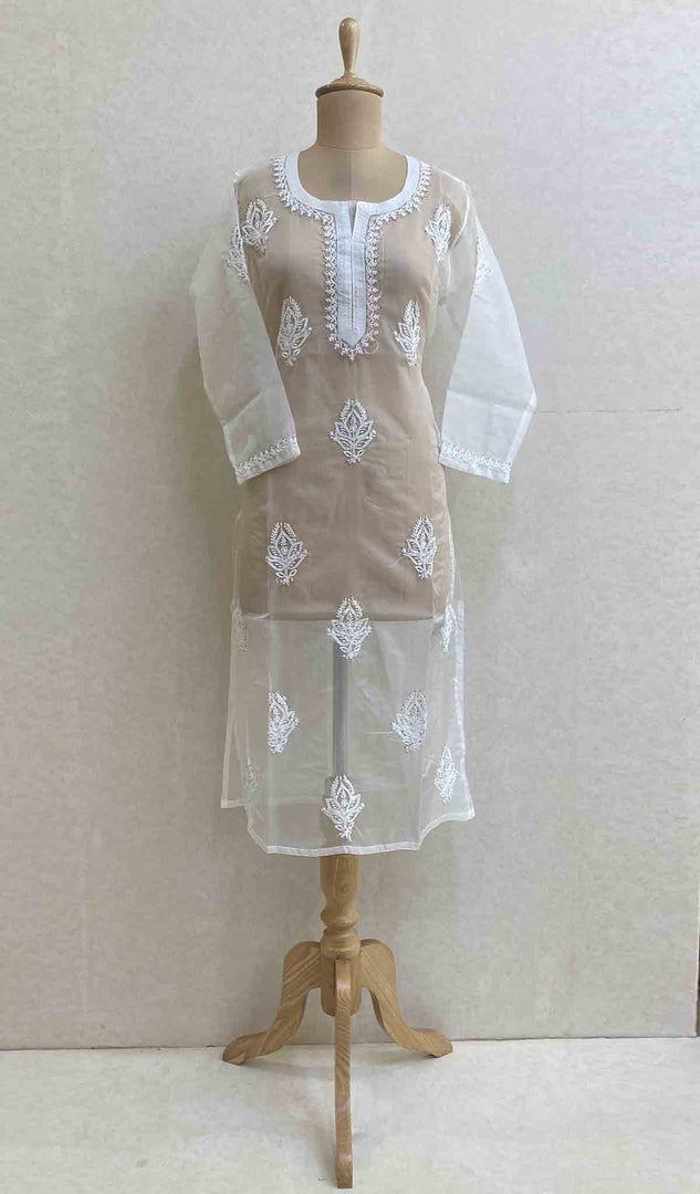 Women's Lakhnavi Handcrafted White Organza Chikankari Kurti - HONC029495
