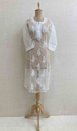 Load image into Gallery viewer, Women's Lakhnavi Handcrafted White Organza Chikankari Kurti - HONC029504
