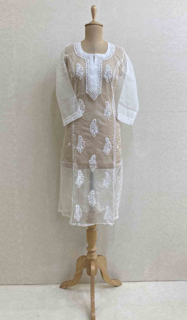 Women's Lakhnavi Handcrafted White Organza Chikankari Kurti - HONC029504