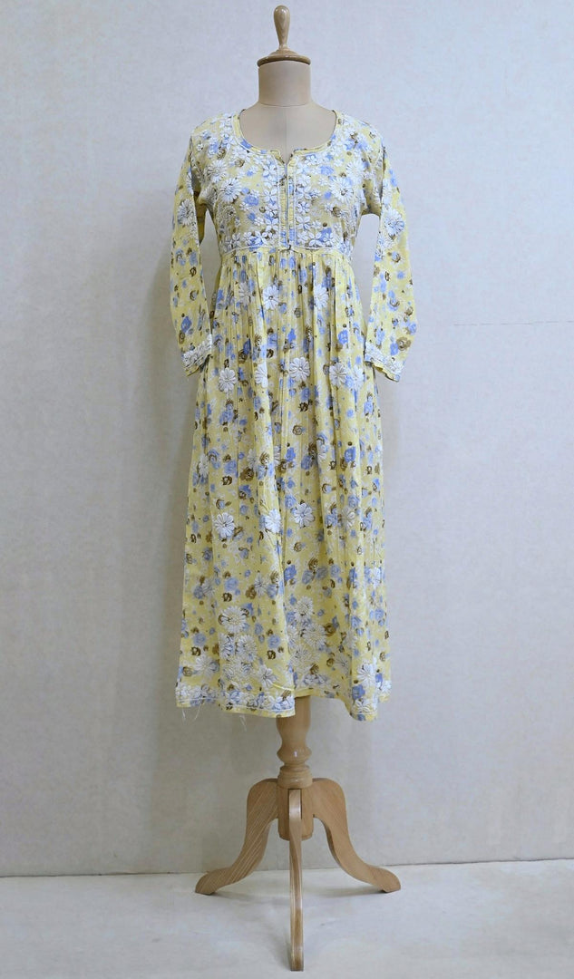 Women's Lakhnavi Handcrafted Printed Cotton Chikankari Dress - HONC034195