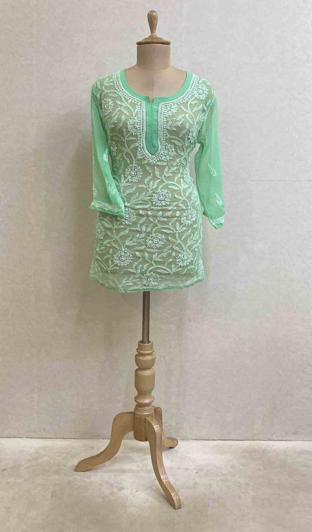 Lucknowi 手工制作人造乔其纱 Chikankari 上衣 - HONC037166