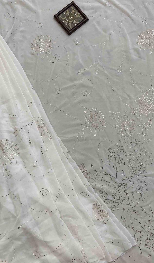 Women's Lucknowi Handcrafted Pure Silk Georgette Chikankari Saree - HONC039978