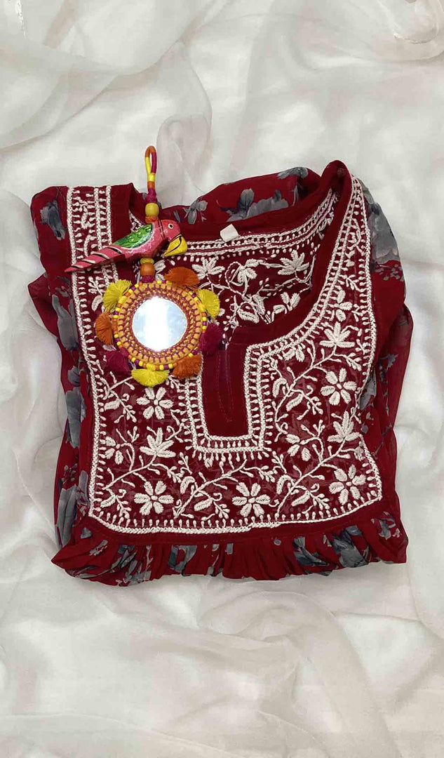 Women's Lakhnavi Handcrafted Printed Faux-Georgette Chikankari Gown - HONC048307