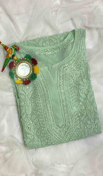 将图像加载到图库查看器中, Lakhnavi 手工粘胶乔其纱 Chikankari Kurti - HONC022065
