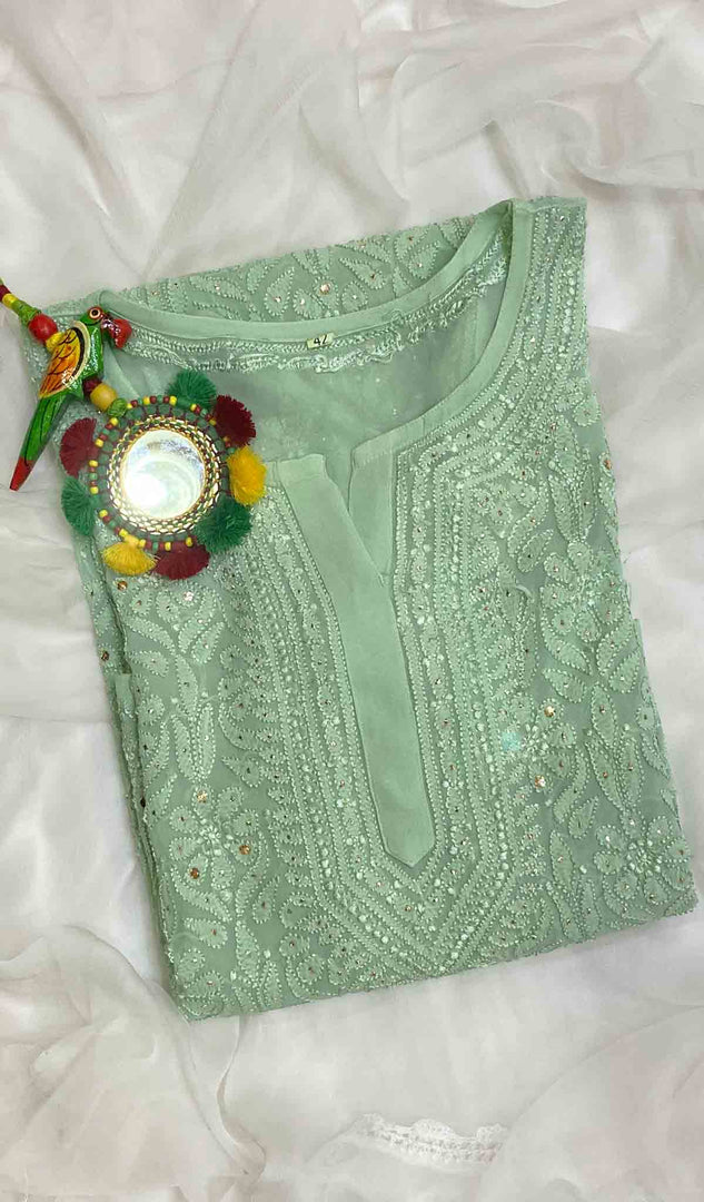 Lakhnavi 手工粘胶乔其纱 Chikankari Kurti - HONC022065
