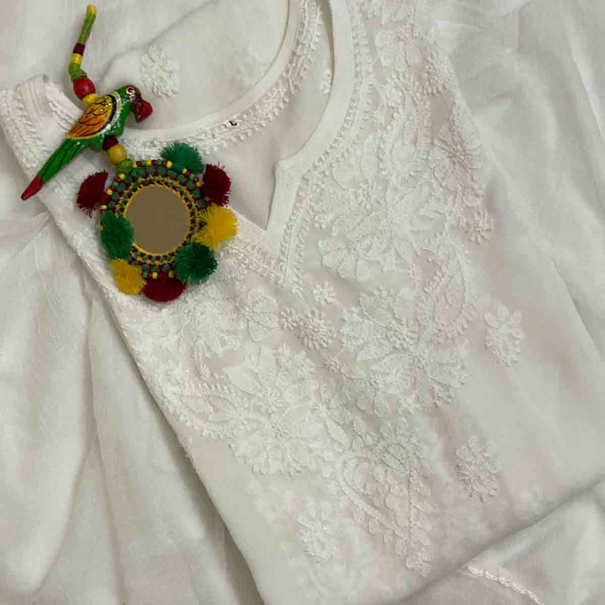 Women's Lakhnavi Handcrafted Unstitched Faux-Georgette Chikankari Suit Material - HONC0311929