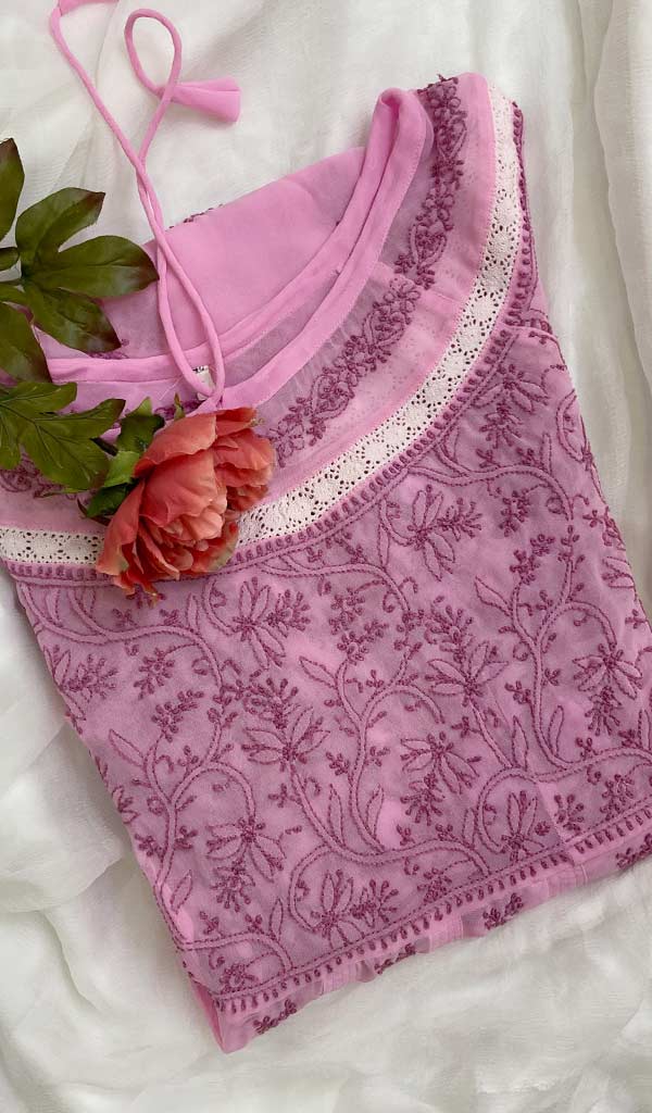 Pink Women's Lucknowi Handcrafted Faux-Georgette Chikankari Anarkali Dress