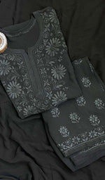 将图像加载到图库查看器中, Lucknowi 手工粘胶乔其纱 Chikankari Kurta Palazzo 带 Dupatta 套装 - HONC0113553