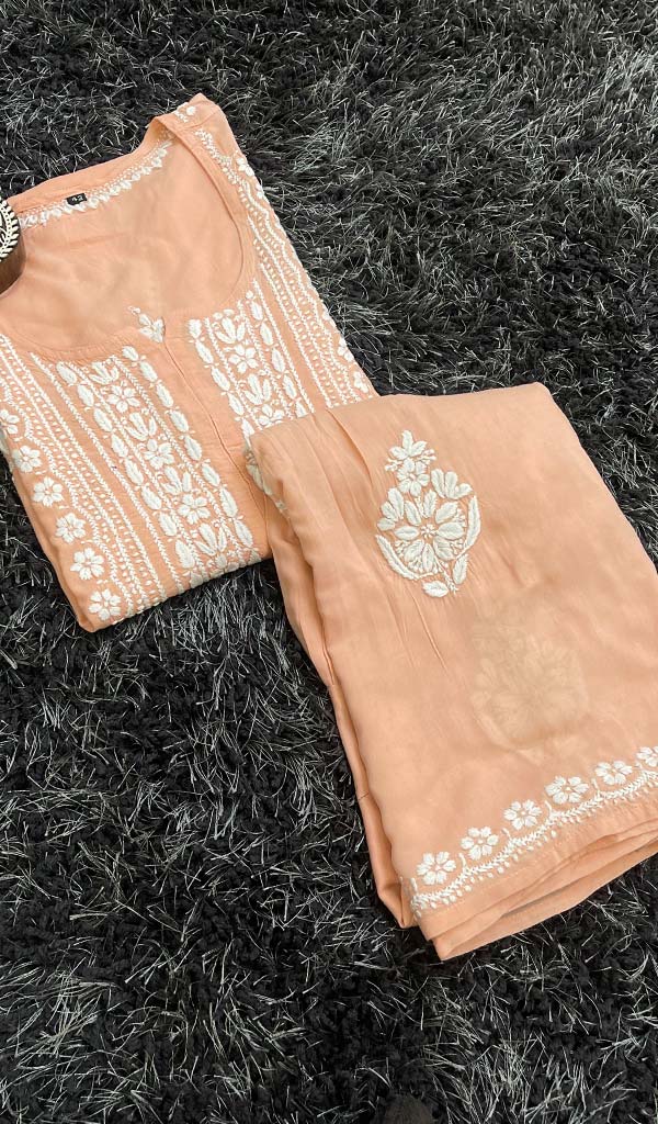 Women's Lakhnavi Handcrafted Modal Cotton Chikankari Kurta And Palazzo Set - HONC0132657