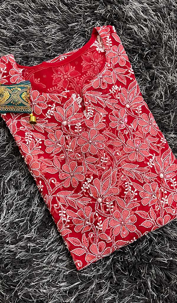 Lucknowi 手工制作的人造乔其纱 Chikankari Kurti - HONC078882