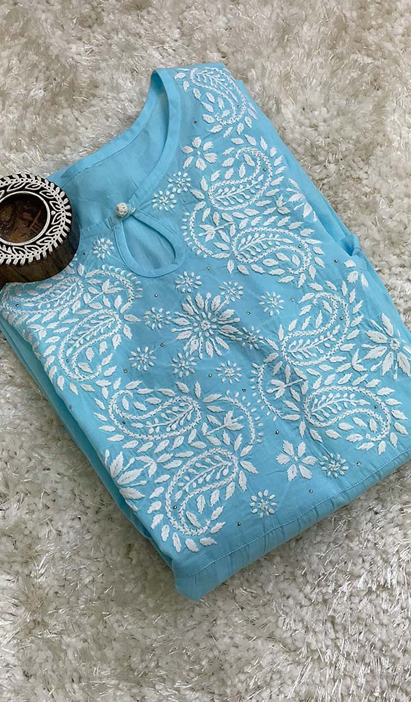 Lakhnavi 手工制作 Mulmul 棉 Chikankari KurtI- HONC0136801