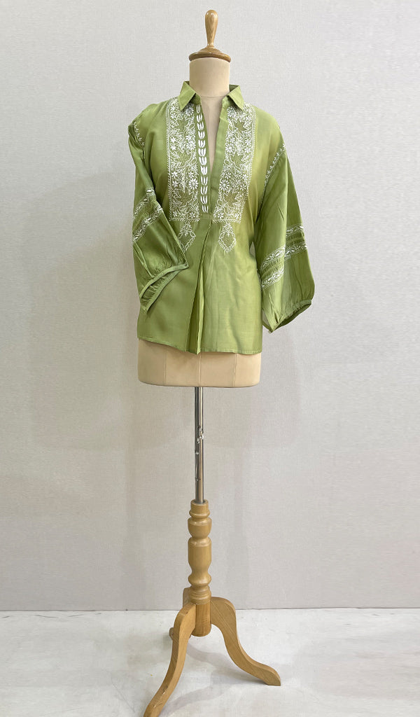 Fiza Women's Lakhnavi Handcrafted Chanderi Silk Semi- Stiched Chikankari Top - HONC0192134