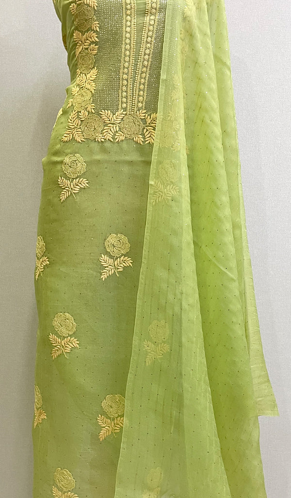 Green Women's Lakhnavi Handcrafted Pure Organza Chikankari Unstitched Kurta And Dupatta Set