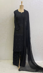 将图像加载到图库查看器中, Lucknowi 手工粘胶乔其纱 Chikankari Kurta Palazzo 带 Dupatta 套装 - HONC0113553