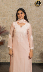Load image into Gallery viewer, Women's Lakhnavi Handcrafted Mul Chanderi Chikankari Stitched Kurta, Dupatta And Pant Set - HONC0324260