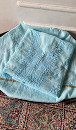 将图像加载到图库查看器中, Arisha — Blue Mul Chanderi Chikankari 3 Pc Unstitched Suit Set