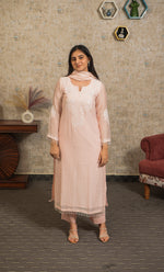 Load image into Gallery viewer, Women's Lakhnavi Handcrafted Mul Chanderi Chikankari Stitched Kurta, Dupatta And Pant Set - HONC0324260