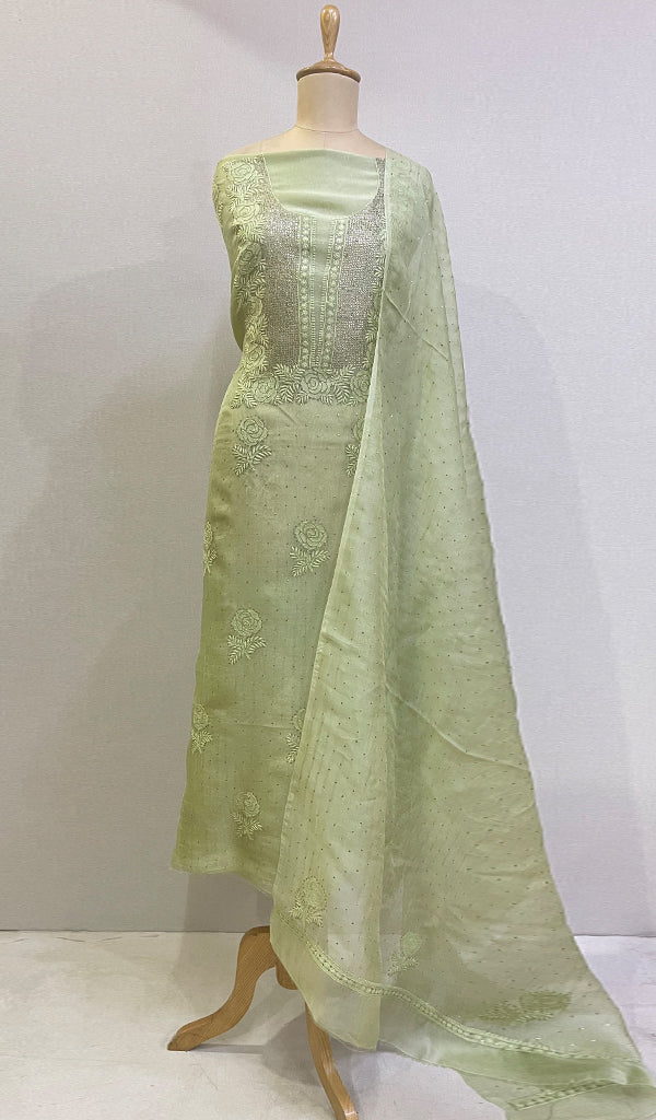 Women's Lakhnavi Handcrafted Pure Organza Chikankari Unstitched Kurta And Dupatta Set- HONC0266923