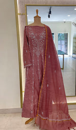 将图像加载到图库查看器中, Women's Lakhnavi Handcrafted Linen Cotton Semi -Stitched Anarkali And Dupatta Set - HONC0246474