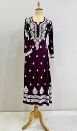 Load image into Gallery viewer, Women's Lucknowi Handcrafted Modal Cotton Chikankari Anarkali Dress - HONC0230991