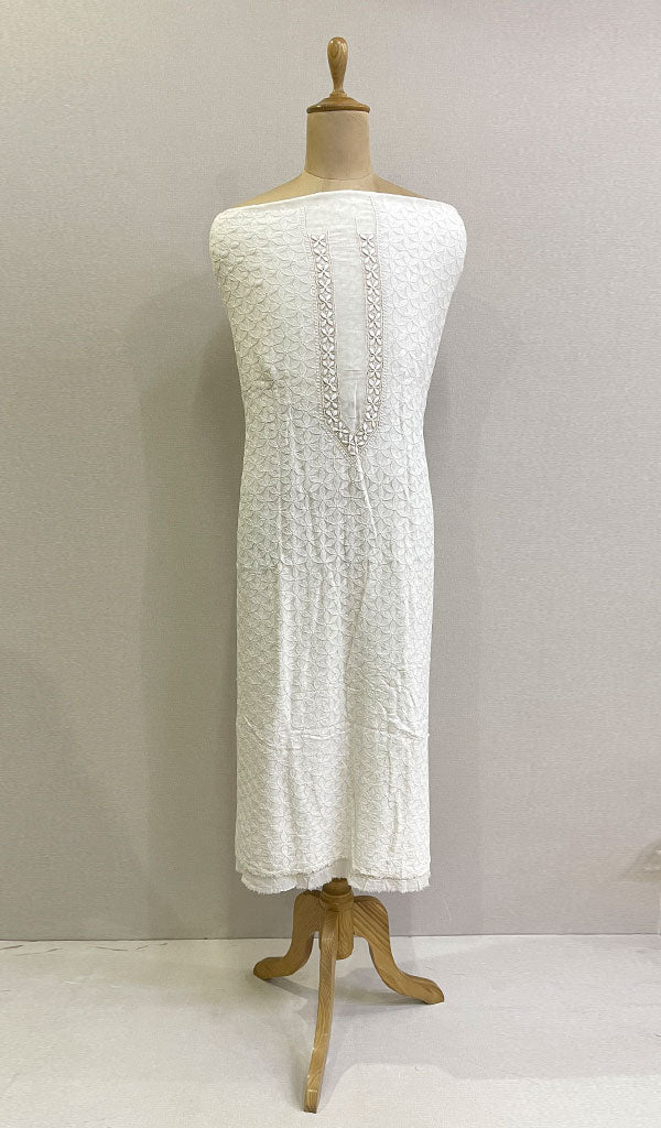 Lucknowi Handcrafted Pure Silk Georgette Chikankari Unstitched Men's Kurta Fabric - HONC0157278