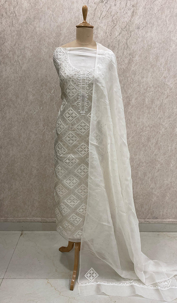 Women's Lakhnavi Handcrafted Pure Organza Chikankari Unstitched Kurta And Dupatta Set- HONC0292518