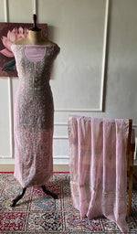 将图像加载到图库查看器中, Womens Lakhnavi Handcrafted Mul Chanderi Unstitched Kurta And Dupatta Set