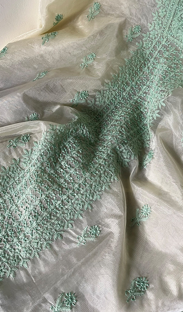 Lakhnavi 手工制作的欧根纱 Chikankari 未缝合 Kurti 面料 - Honc0133587