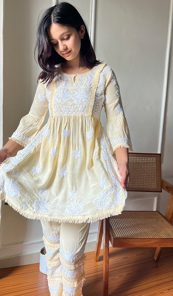 Women's Lakhnavi Handcrafted Cotton Chikankari Short Kurta And Palazzo Set - HONC0293820