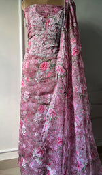 将图像加载到图库查看器中, Women's Lakhnavi Handcrafted Organza Chikankari Unstitched Kurta And Dupatta Set - HONC0268887