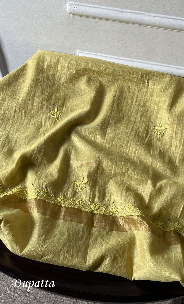 Women's Lakhnavi Handcrafted Tissue Chanderi Unstitched Chikankari Kurta And Dupatta Set - HONC0248436